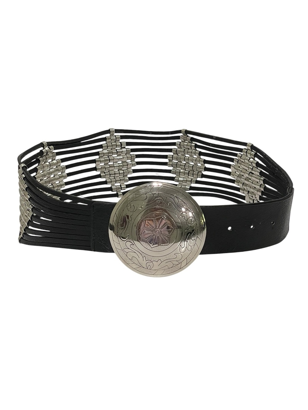 Chico’s Southwest Multi-Strand Wide Black Leather Silver Concho Belt Size S FLAW